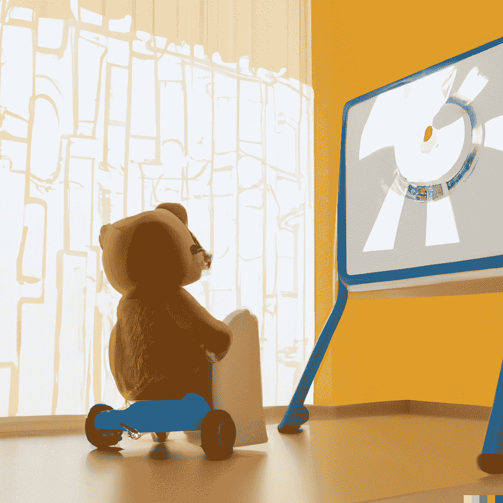 a teddy bear sitting at a virtual classroom setting, with interactive elements such as quizzes, games, and videos visible on the screens. 